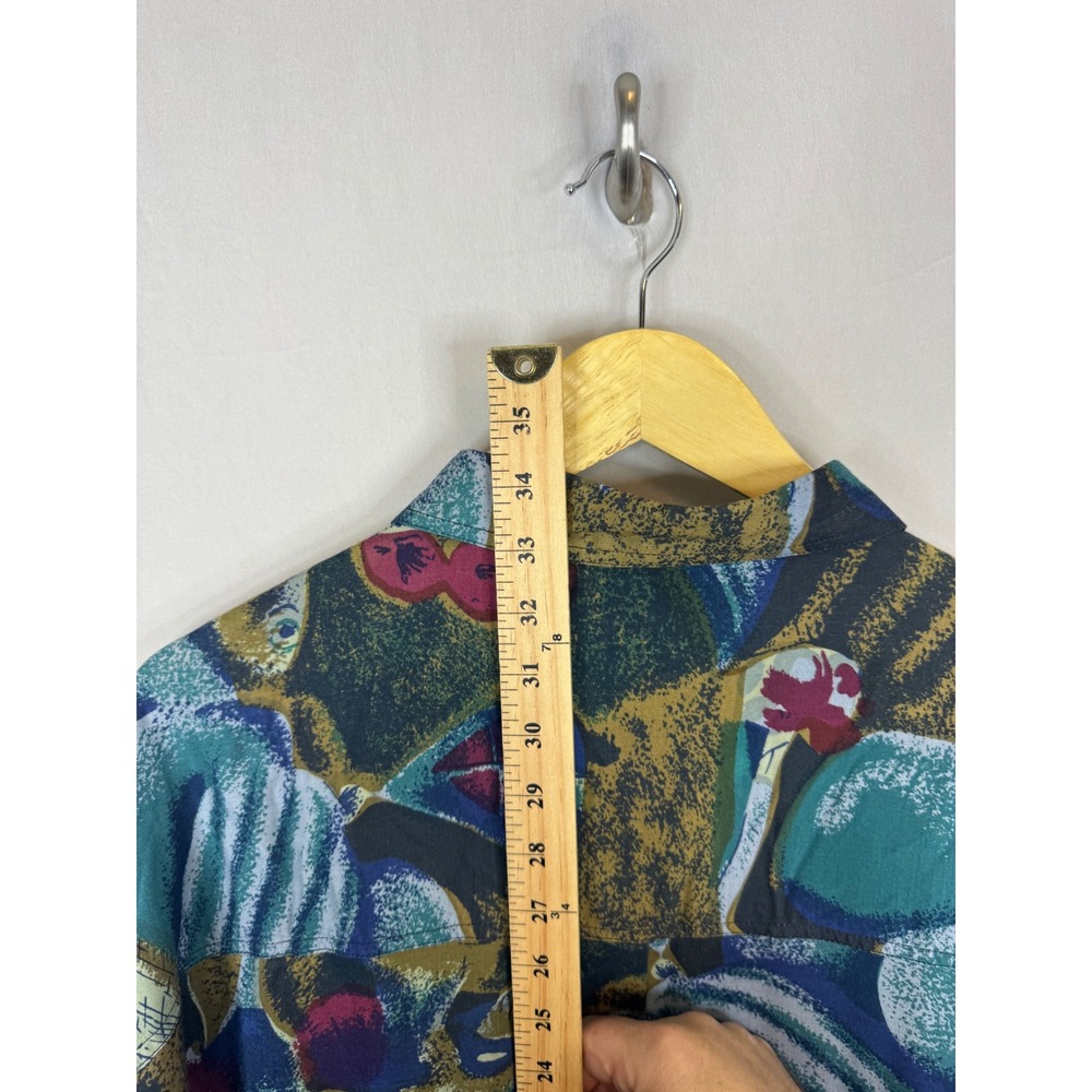 Vinatge 90s Rivage Mens 2XL Abstract Art Button Down Shirt Rayon Teal Gold - Picture 6 of 11